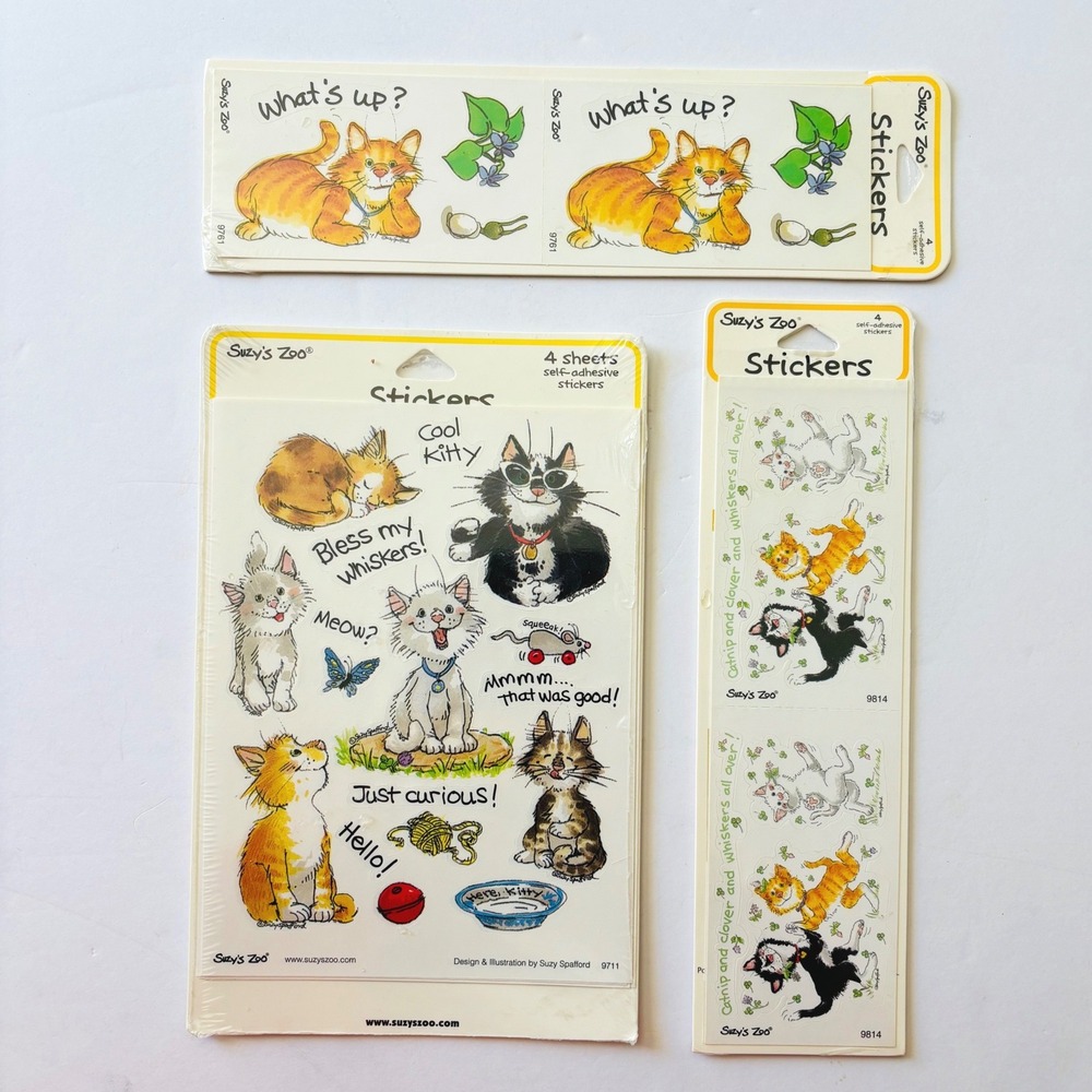 Suzy's Zoo Cat Stickers Vintage Set 3 packages x 4 sheets Cool Kitty